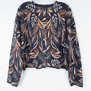 Tahari Leaf Print Knit Gold Buttoned Cardigan Womens Large Navy Autumn Old Money